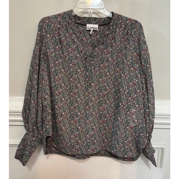 Ganni Blouse Long Sleeve Crepe Floral Print V Neck Top Sz EU34/ US2 Oversized - Picture 3 of 9